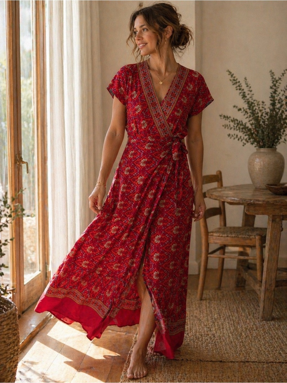 Temofon Red Floral Wrap Midi Dress XS Boho Short Sleeve Tie Waist EUC - Picture 3 of 9